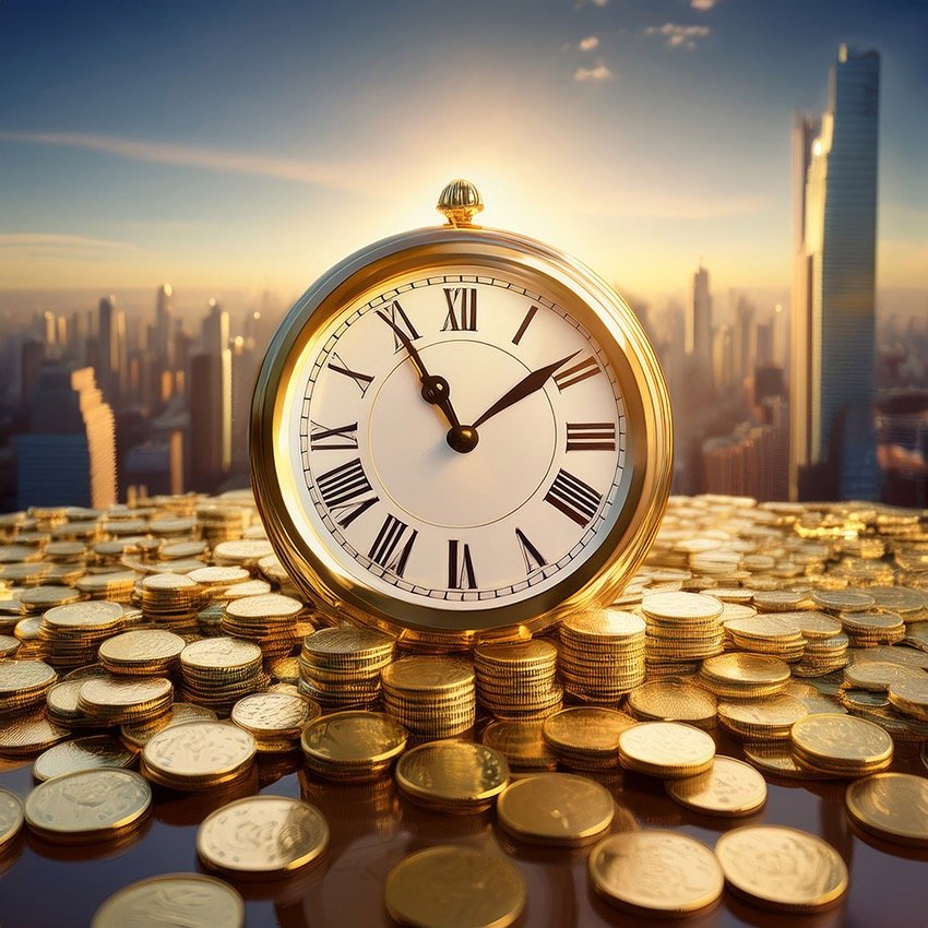 A clock sitting on a pile of gold coins. In the background, we can see the sun rising on the business district of a cosmopolitan cityscape.