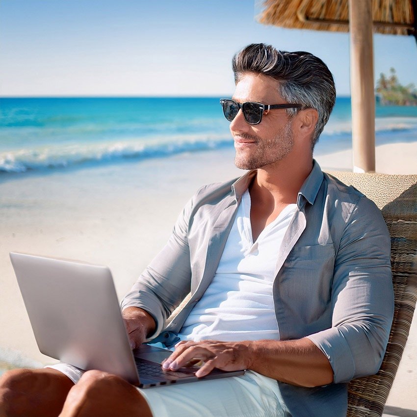 A 40-year-old man sitting in a lounge chair, wearing sunglasses, a shirt, and shorts, typing on his laptop while gazing at a tropical beach in the background, suggesting he is wealthy and working from a paradise location.