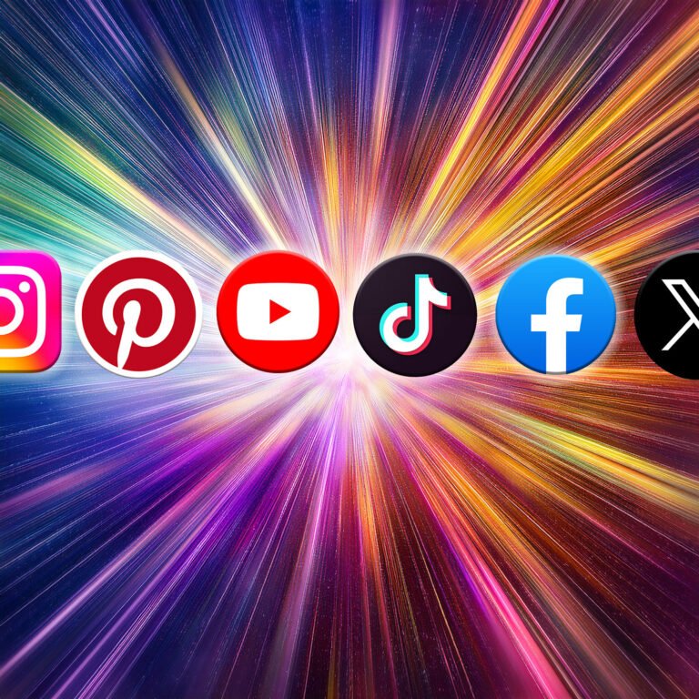 A burst of multicoloured light rays converging to a single point at the centre of the image. In the foreground, going across the screen, a row of social media logos.