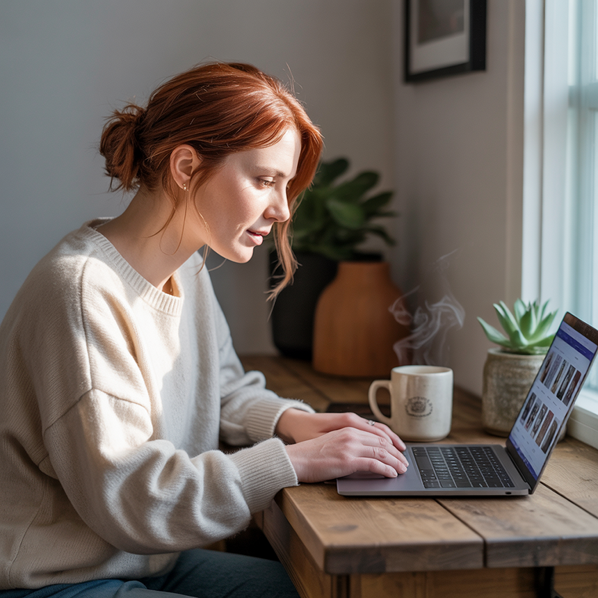 A young red-haired woman is working at home in her study. She concentrates on her work as she looks at the screen of her laptop.