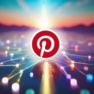 A Pinterest logo standing on a vast purple glassy expand covered with a network of luminous nodes linked to each other, with rays of sunshine emerging from a distant sunrise on the horizon.