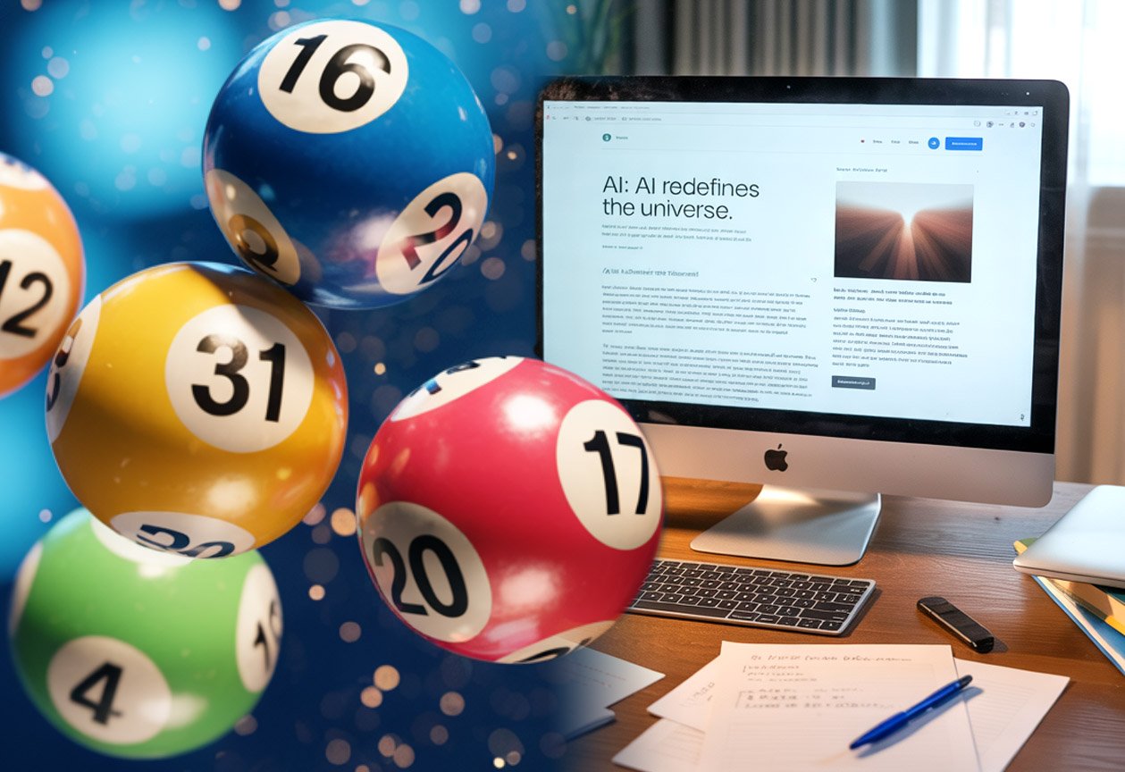 Photo-montage avec d'un côté des balles de lotto, et de l'autre un ordinateur avec un blog à l'écran.