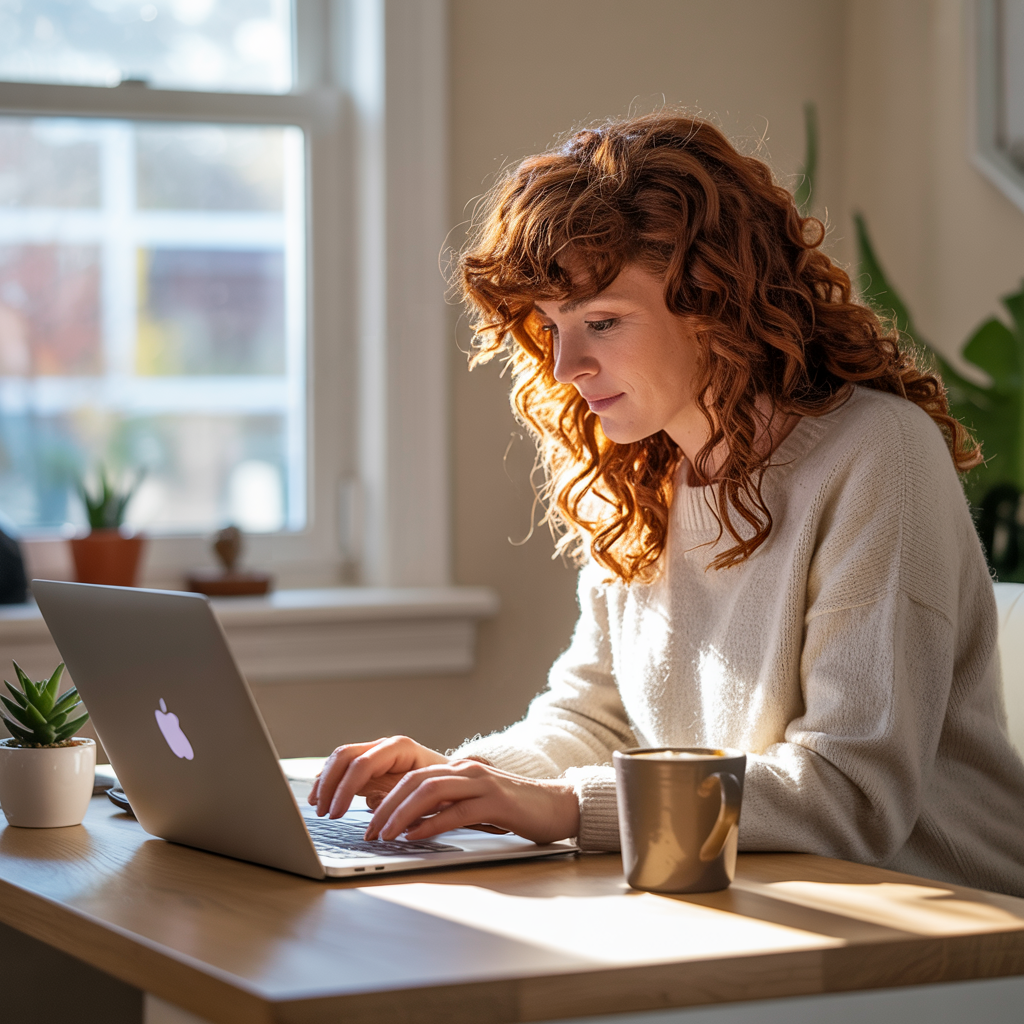 Picture of a woman working at her desk, using a laptop.