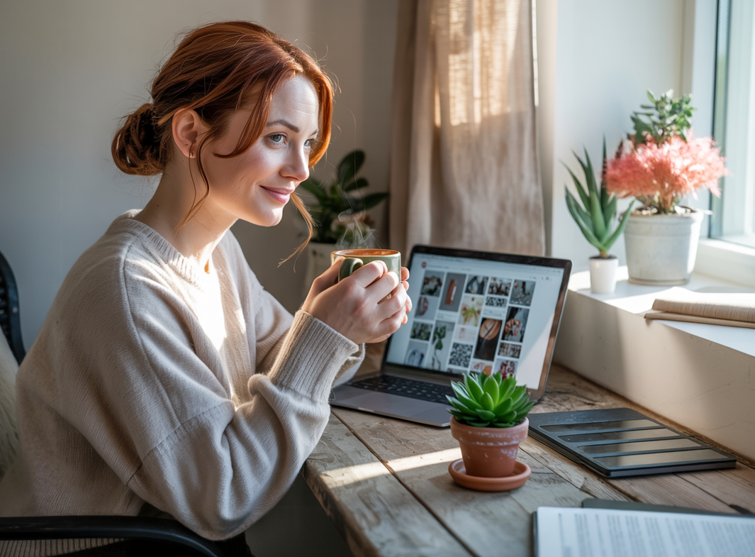 A young woman is working at home in her study. She holds with both hands a coffee mug with a dreamy gaze with in the background, on her desk, an open laptop showing Pinterest pins.