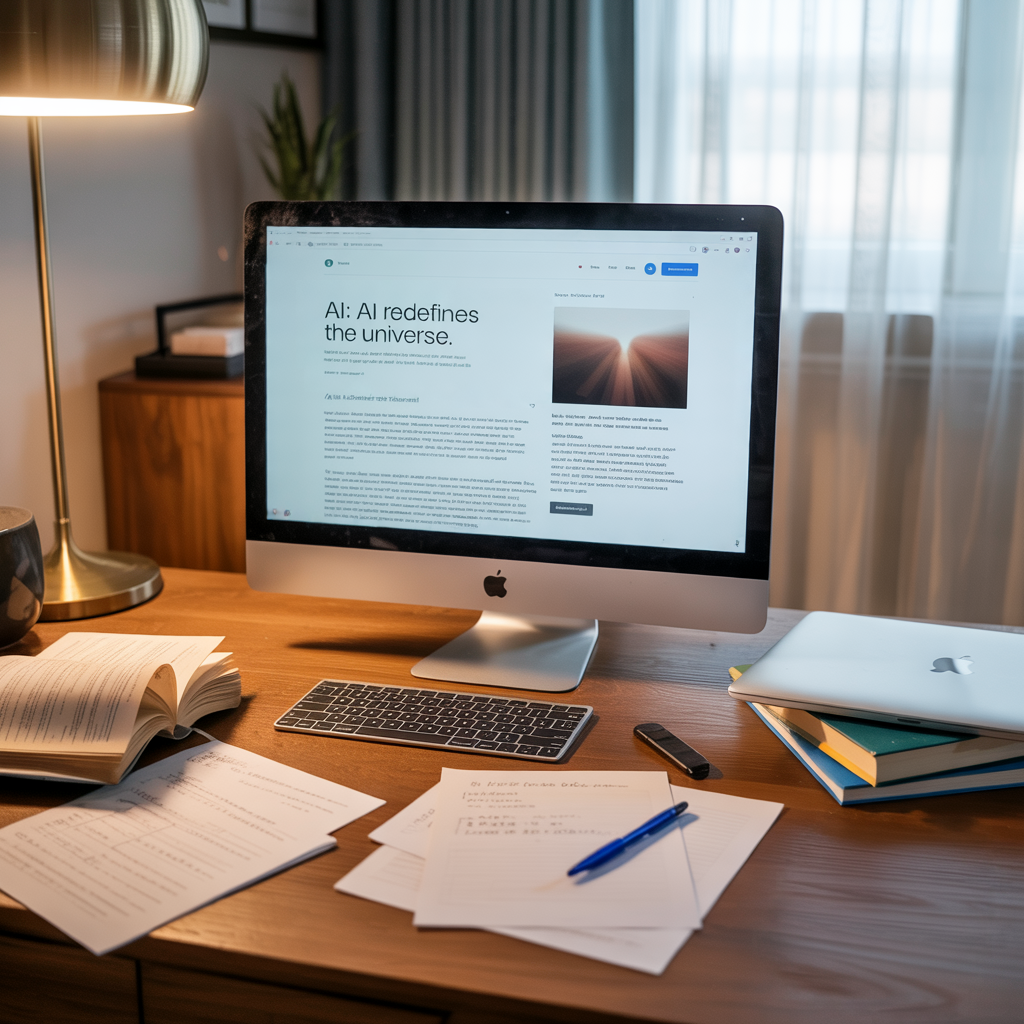 A working space with a deskptop computer st up in a home office and used for blogging.