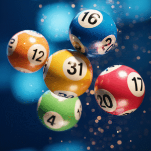 Close up photograph of lottery balls being tossed in the air.