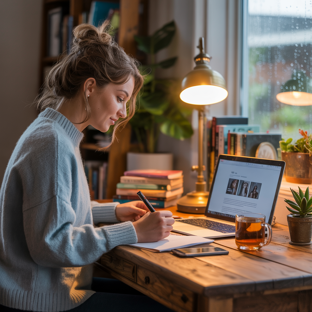 Photo of a woman working at her home study with an open laptop on her desk.