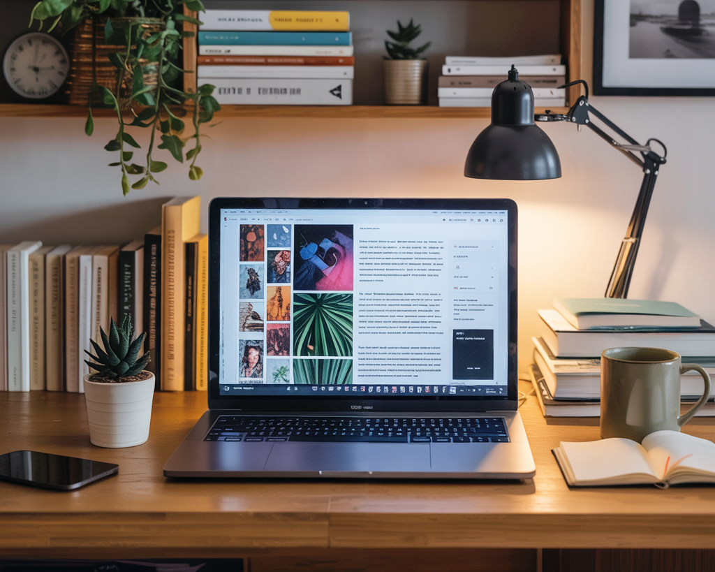 Close up of a desk in a modern home study, with an open laptop displaying a blog page.