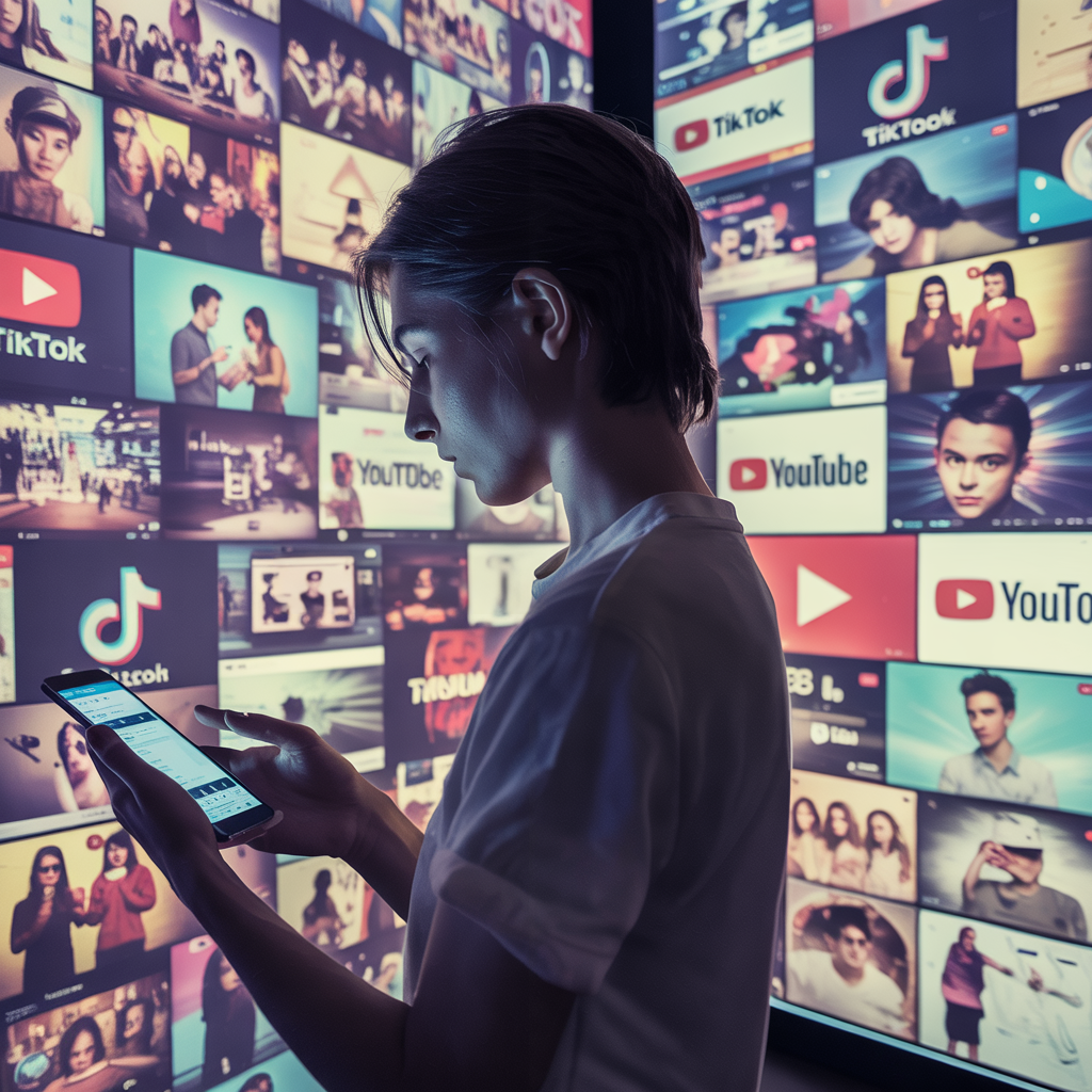A teenager looking at her phone surrounded by screens.