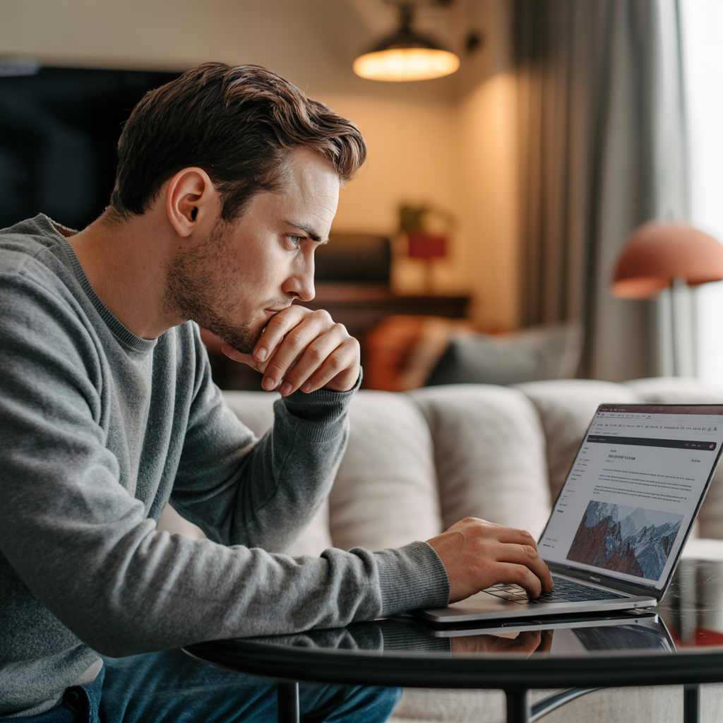 A young man sitting in his lounge at home, concentraded reading on his open laptop on a coffee table.