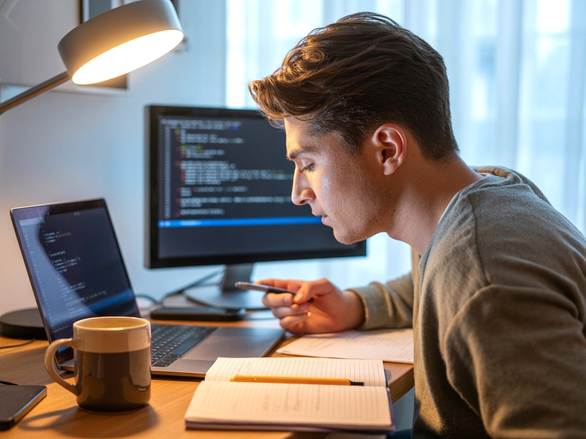 Photo of a young man studying from home, earing a headphone and looking at a laptop screen.