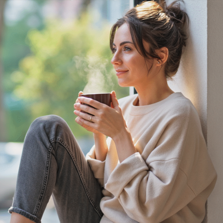 A woman casually sitting on a window's ledge, holding a coffee mug while considering things.