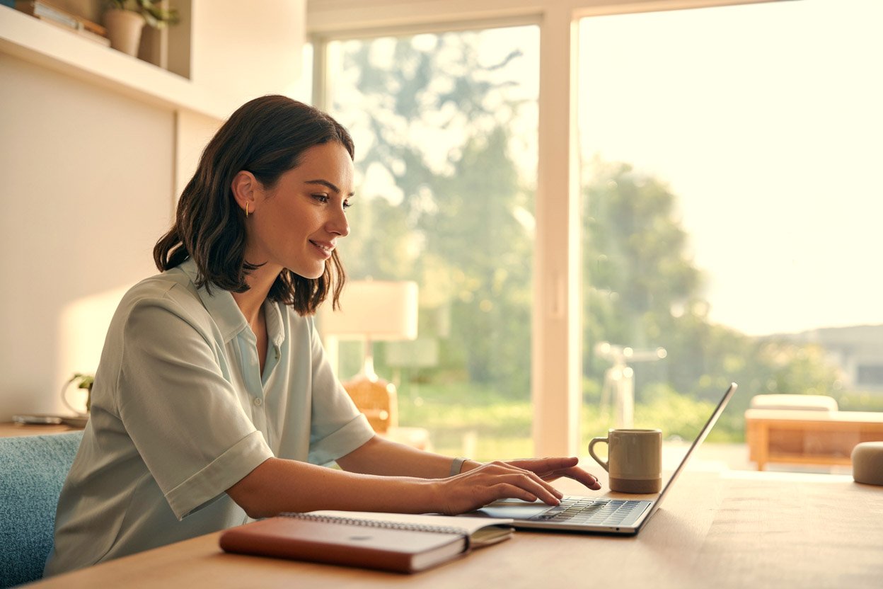 Photography of a woman working on a laptop from home, a smoking mug of coffee next to her.