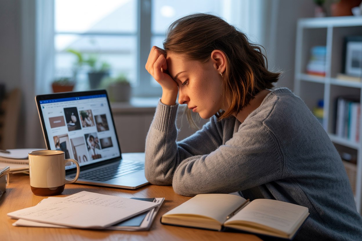 A young woman looking tired at home from working on her laptop.