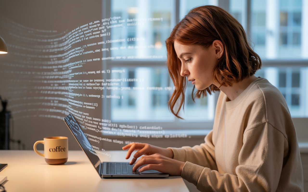 Photo montrant une jeune femme assise à son bureau, tapant sur le clavier de son portable, avec un flot de mot plannant devant dans l'espace devant elle.