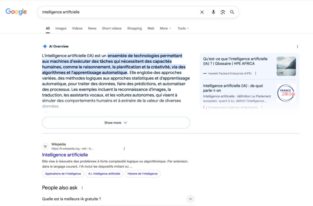 Capture écran d'une recherche Google montrant un Aperçu IA en guise de réponse.