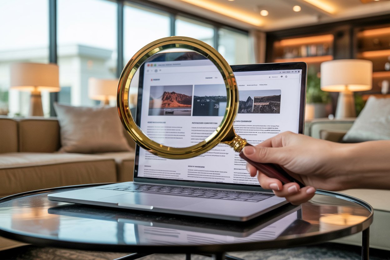 Photographie d'une main qui, au premier plan, tient une loupe. La loupe grossie une partie de l'écran d'un ordinateur portable affichant un blog, symbolisant l'examen du contenu d'un article.