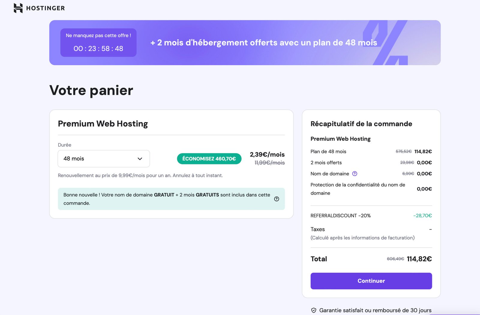 Copie écran du panier du Premium Web Hostong plan d'Hostinger.