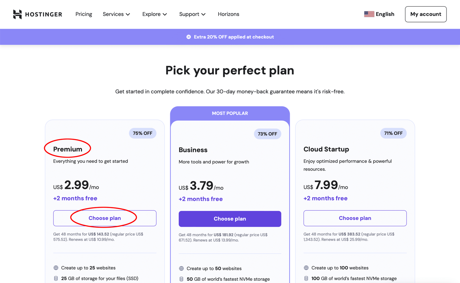 Screenshot of Hostinger's pricing plans.