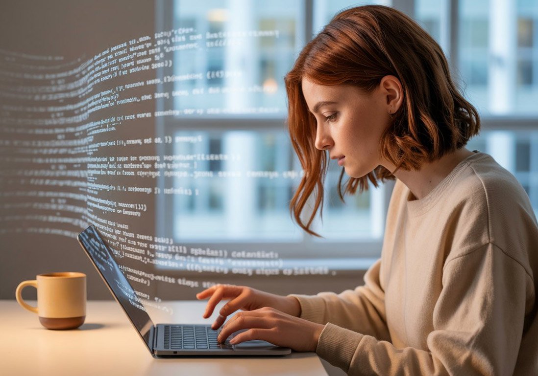 Photograph of a woman working on her laptop from home. A flow of text swirls in the air above the laptop, symbolising AI generated text.