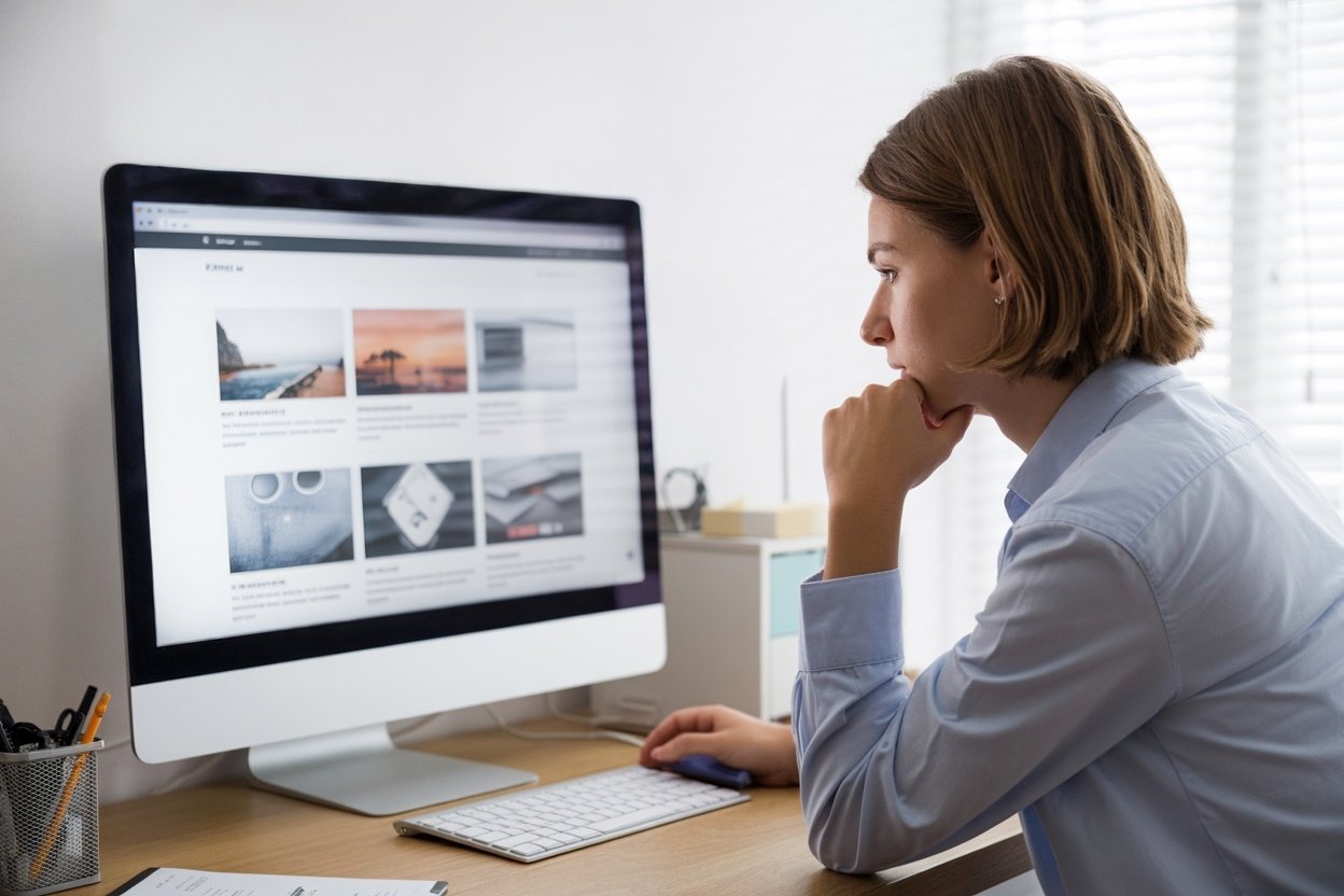 Woman working on a desktop computer.