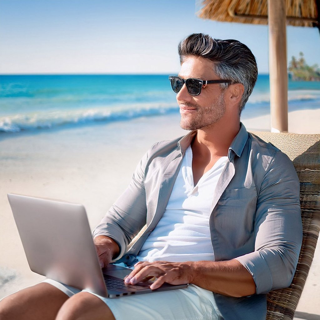 A 40-year-old man sitting in a lounge chair, wearing sunglasses, a shirt, and shorts, typing on his laptop while gazing at a tropical beach in the background, suggesting he is wealthy and working from a paradise location.