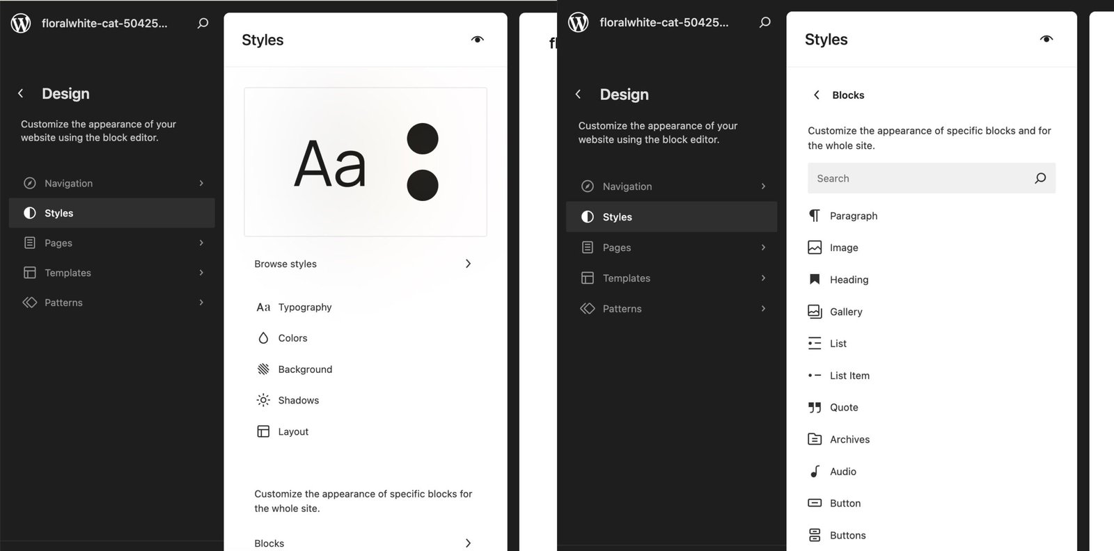 A screenshot montage showing the 2025 WordPress theme styles and blocks website customizers side by side.