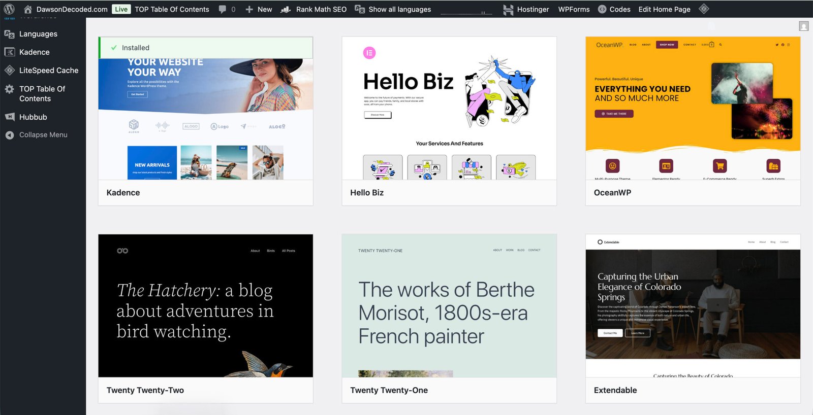 Screenshot of the WordPress dashboard displaying the available themes and templates.