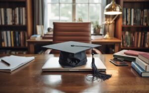 Graduation cap resting on a closed laptop on a desk in a study, with an armchair and shelves in the background.