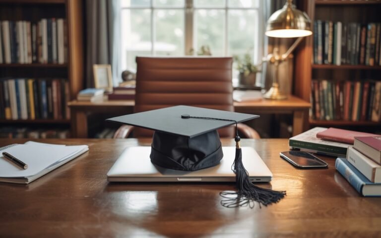 Graduation cap resting on a closed laptop on a desk in a study, with an armchair and shelves in the background.
