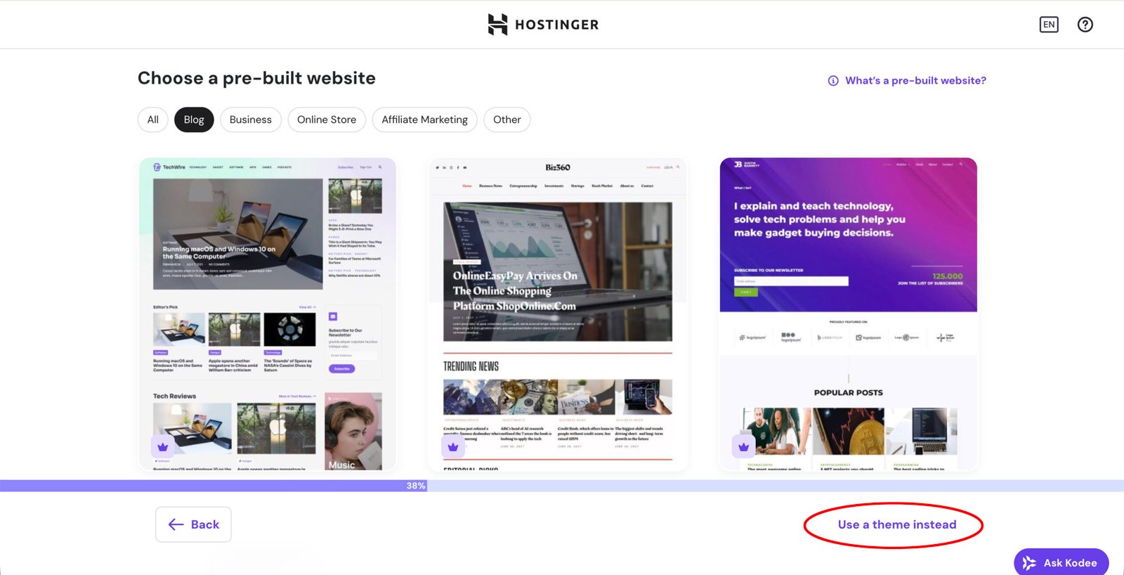 Screenshot of one of the Hostinger dialog windows in the process of creating a website.