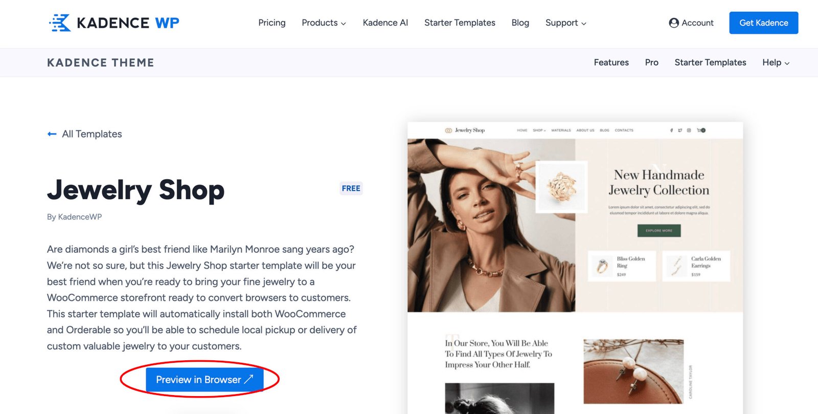 A screenshot of the Jewelry Shop in the Kadence theme templates library.